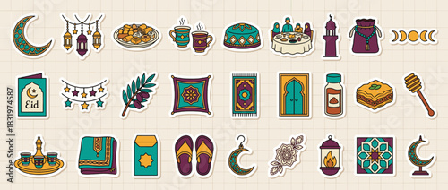 Eid and ramadan icon set. containing crescent, lantern, sweets, dates, prayer, mosque, moon, lanterns, and more. Vector collection