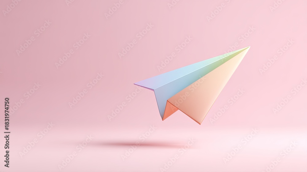 Naklejka premium Colorful paper airplane flying against a soft pink background, representing creativity and imagination in design and business concepts, minimalistic style