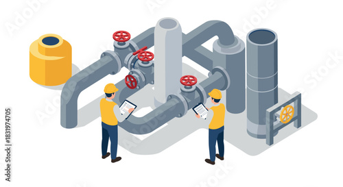 Isometric industrial engineers analyzing complex piping system with digital tablets