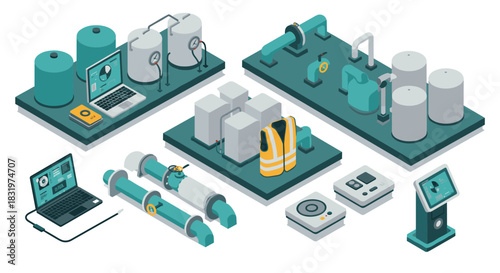 Isometric industrial automation system with pipes, valves, and safety equipment