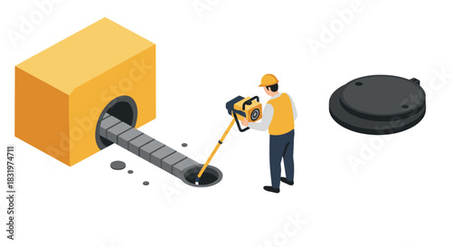 Construction worker using manhole cover lifter in isometric style