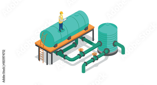Industrial worker inspecting large water tanks and pipeline system in isometric style