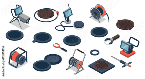 Isometric industrial tools and equipment set on white background