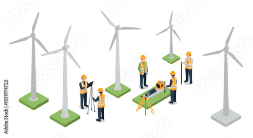 Isometric engineers working on wind turbine installation at renewable energy site