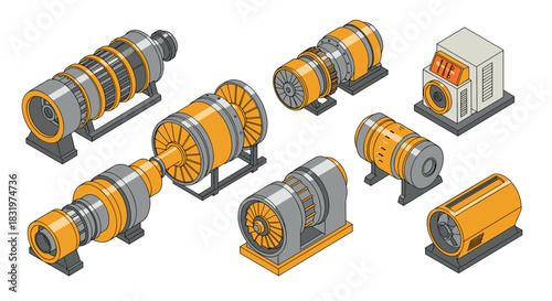 Isometric industrial machines: detailed yellow and grey equipment with engines and components