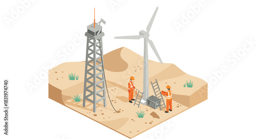 Renewable energy exploration: workers at wind turbine and oil rig site in desert landscape