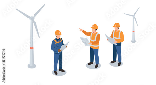 Isometric engineers discuss wind turbine project with safety gear