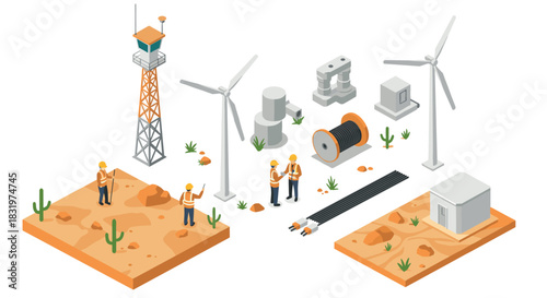 Renewable energy development in desert: wind turbines and construction workers in isometric design