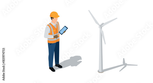 Engineer inspecting wind turbine with digital tablet in isometric design