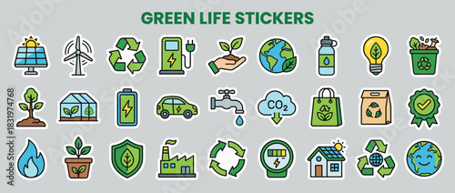 Green living icon set. solar, wind, recycle, energy, eco, sustainability, battery, environment, conservation, nature. Vector collection