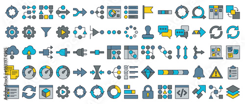 Business and workflow icon set. containing analytics, process, gear, cloud, lock, graph, bell, chat, refresh, and more. Vector collection