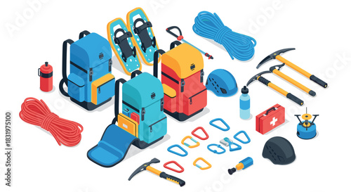 Outdoor adventure gear set with backpack and climbing equipment in isometric style
