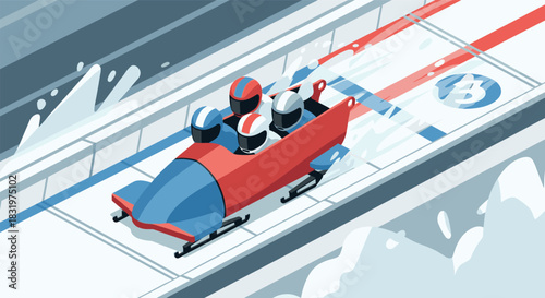 Bobsled team racing down icy track in dynamic flat design style art