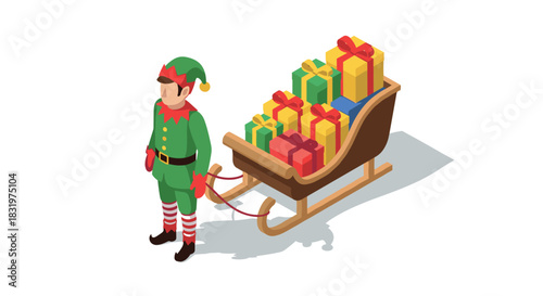 Festive elf pulling sleigh full of gifts in isometric style