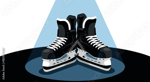 Hockey skates displayed under spotlight on ice rink