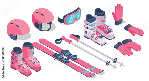 Ski equipment isometric set with boots, helmets, and poles in pink and white