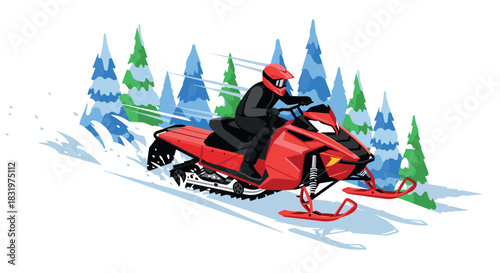 Dynamic snowmobile ride through winter forest with pine trees