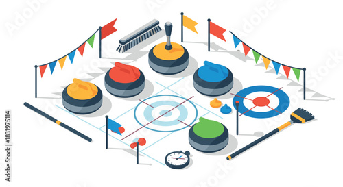 Colorful isometric curling scene with stones and brooms on ice rink
