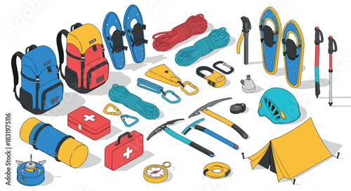 Outdoor adventure equipment camping gear and hiking essentials in isometric design