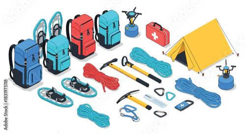 Essential isometric hiking and camping gear set for outdoor adventures