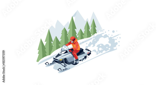 Winter adventure with snowmobile racing through snowy mountains and pine trees