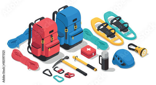 Isometric camping and hiking gear with backpacks, ropes, snowshoes, and safety equipment