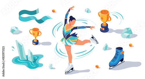 Graceful ice skater with trophies and winter elements in vibrant isometric style