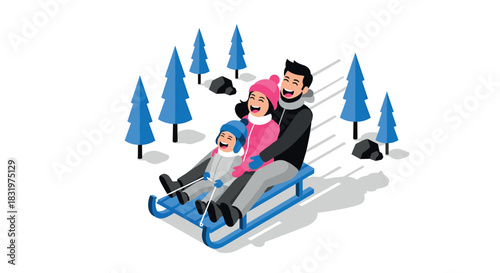 Happy family sledding on winter day in forest with blue trees