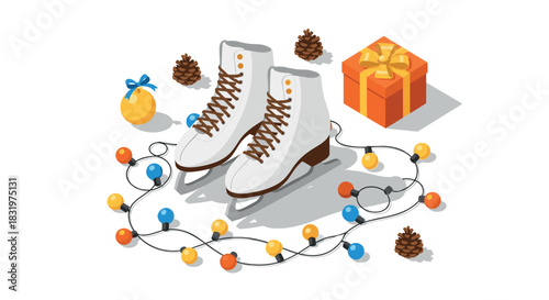 Festive ice skates with gift box and ornaments in isometric holiday scene