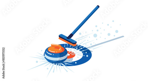 Curling match concept with broom and stone in isometric style