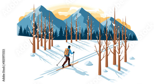 Winter adventure cross country skiing in a snowy forest with mountain backdrop