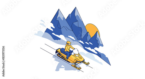 Winter adventure scene with snowmobile in vibrant isometric mountains and sunrise