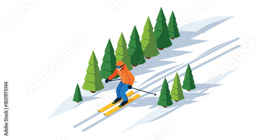Isometric winter sports concept with skier in motion through snowcovered pine trees