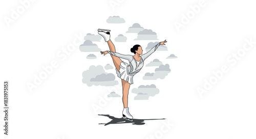 Figure skater performing graceful pose against cloudy background