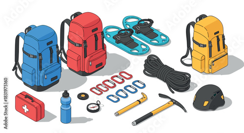 Outdoor adventure gear isometric art featuring backpacks, climbing tools, and safety equipment