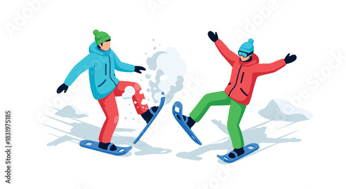 Joyful winter adventure with snowshoers laughing in the snowy landscape