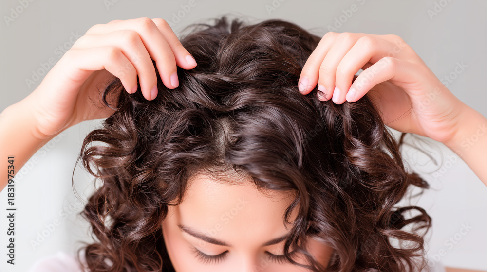 Fototapeta premium Woman with curly brown hair touching and examining hair texture with fingers. Haircare routine showing scalp massage and curl assessment at home, trichology concept for healthy hair maintenance.