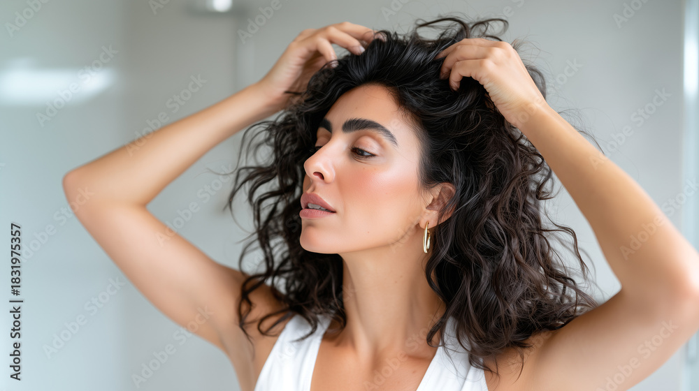 Fototapeta premium Woman running fingers through curly dark hair, examining condition, texture. Haircare routine showing scalp massage and hair health assessment at home, trichology concept with natural wavy hairstyle.