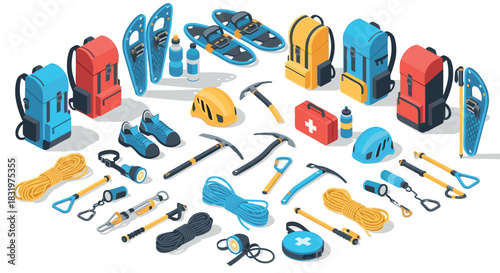 Outdoor adventure gear collection with isometric hiking and climbing equipment