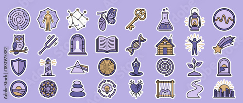 Mystical icons set. containing labyrinth, constellation, moth, key, flask, lantern, owl, dna, cabin, meditation, spiral. Vector collection