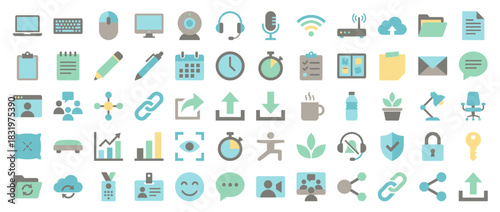 Office and communication icon set. includes computer, email, microphone, cloud, clipboard, calendar, link, headset, folder and more. Vector collection