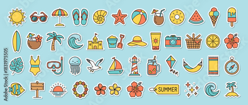 Summer and beach icons set. containing sun, umbrella, sandals, starfish, ball, coconut, watermelon, ice cream and more. Vector collection