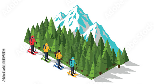 Isometric winter adventure skiers explore snowy mountains and dense forest