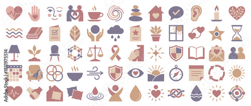 Health and wellness icons set. featuring heart, hands, tea, meditation, spa, book, plant, rain, candle, and more. Vector collection
