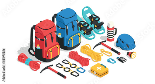 Isometric camping gear set backpack, helmet, first aid, snowshoes, climbing kit