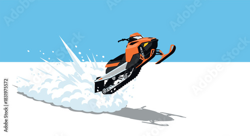 Snowmobile adventure in midair with dynamic shadows and blue sky