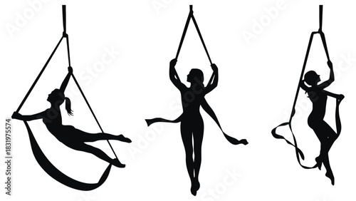 Aerial silks poses silhouette vector illustration acrobatics