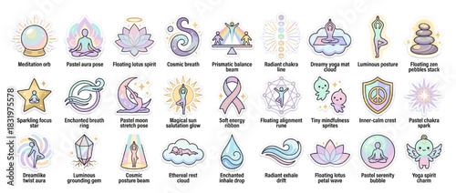 Mindfulness and healing icon set. meditation, yoga, aura, cosmic, prismatic, enchanted, dreamy and more. Vector collection