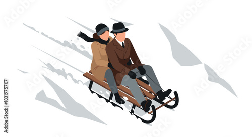 Vintage couple sledding down a snowy hill in flat style winter scene