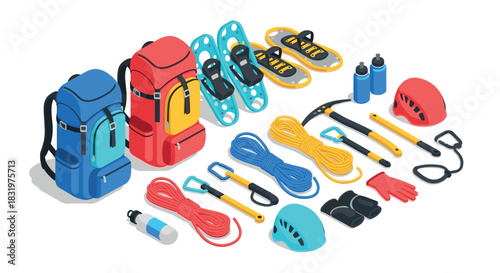 Essential hiking gear and equipment in isometric style for outdoor adventures